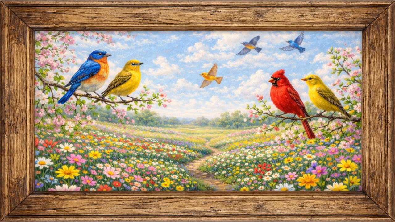 Spring Meadow with Songbirds 🌼 | Framed Spring Art for TV | Wildflower Painting | 4K Digital Artwork