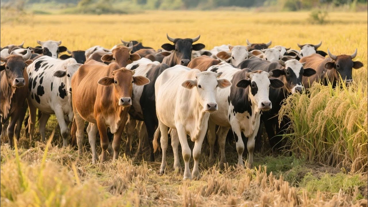 A joyful moment of colorful cows in a ripe rice field - Cow mooing - Cow video