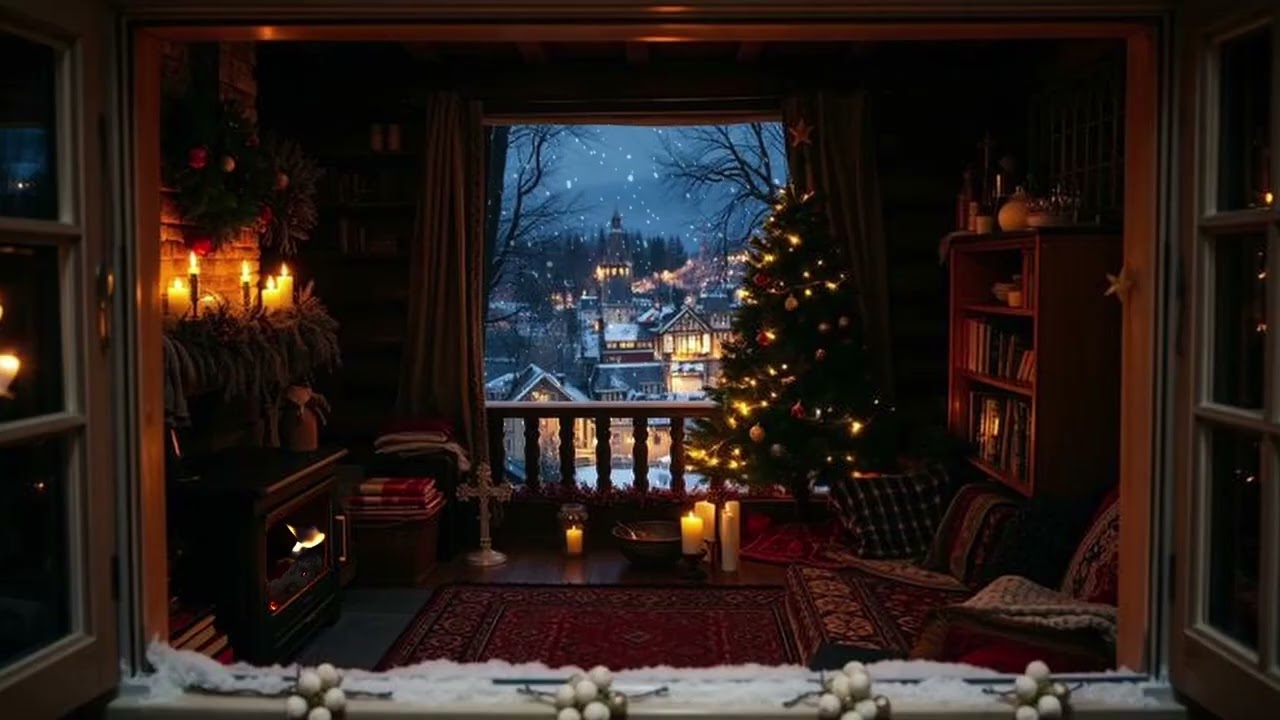 A Window of Christmas - No Sound - Winter Cabin Fireplace
