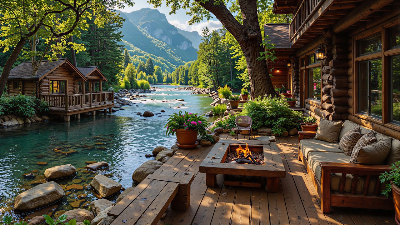 Relaxing Spring Morning Lakeside Cabin Ambience 🌿🌺 Smooth Piano Music for Work and Study