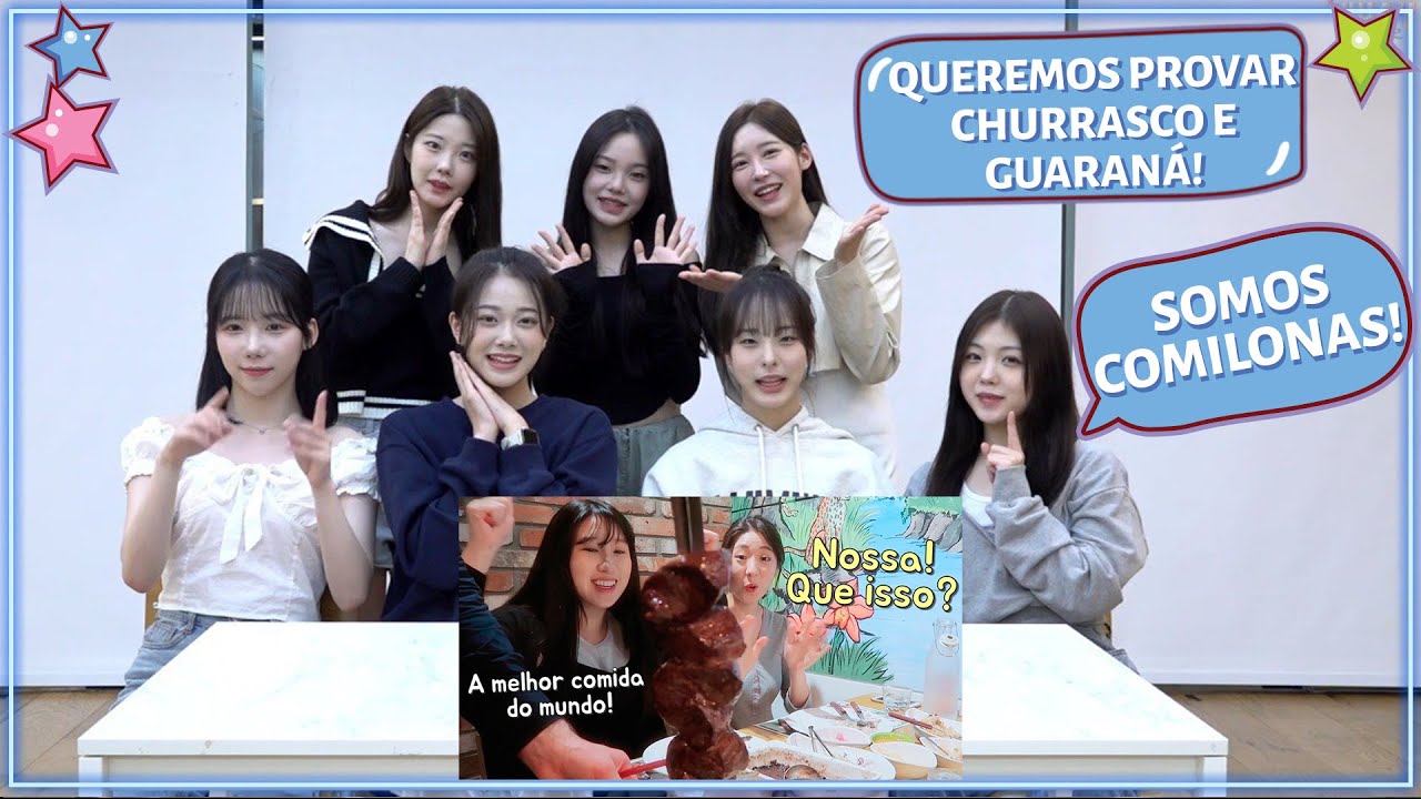 GRUPO DE KPOP REAGE A COREANOS PROVANDO COMIDA BRASILEIRA (CHURRASCO, FEIJÃO, GUARANÁ) (COM CLASS:y)