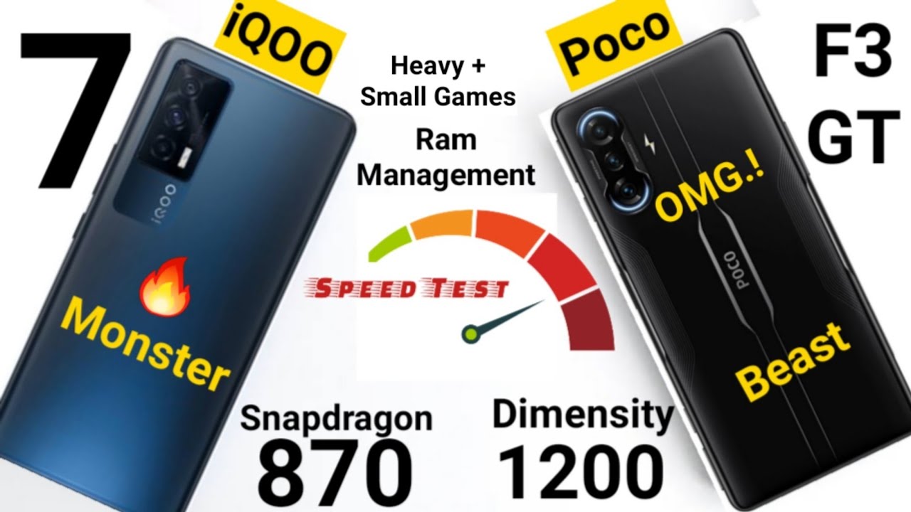 Poco F3 GT vs iQOO 7 speedtest, Ram management heavy + Mini games which ui is optimized🔥🔥🔥