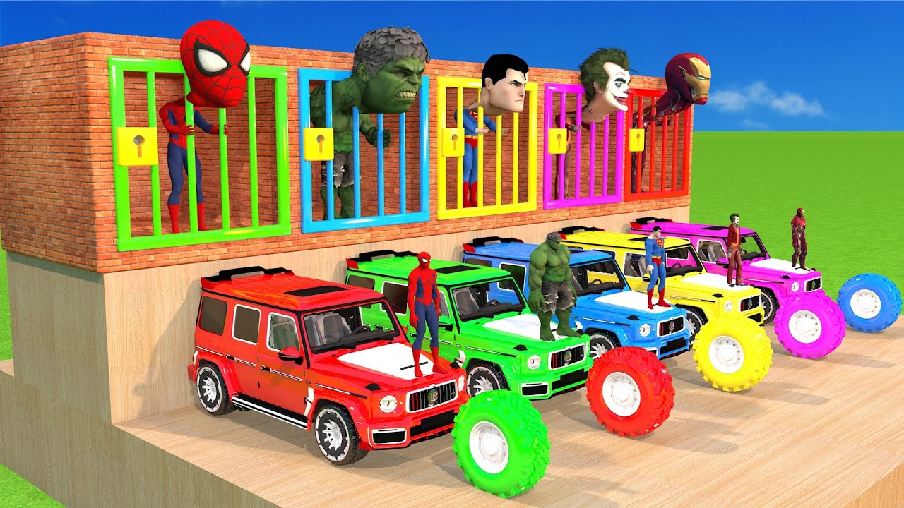 Big & Small: Spiderman with Saw Wheels vs Superman on a Car vs Thomas the Tank Engine Train