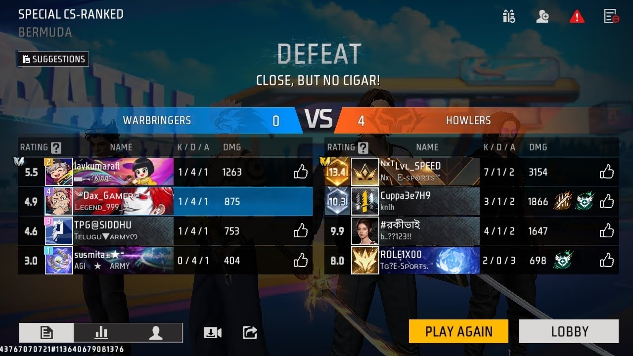 Free fire cs rank defeat ho gaya
