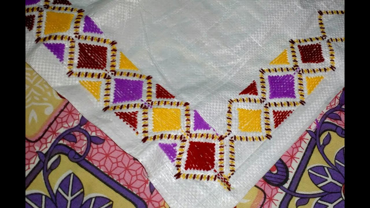 Table mat stitch on plastic Sack. Hand embroidery. Door mat stitch on plastic Sack.