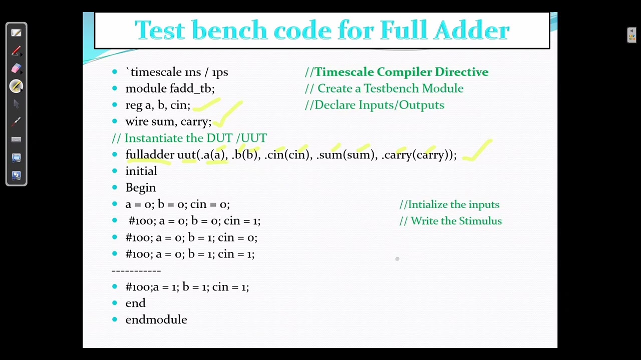 verilog code for combinational circuits-4: Test bench for fulladder& decoder