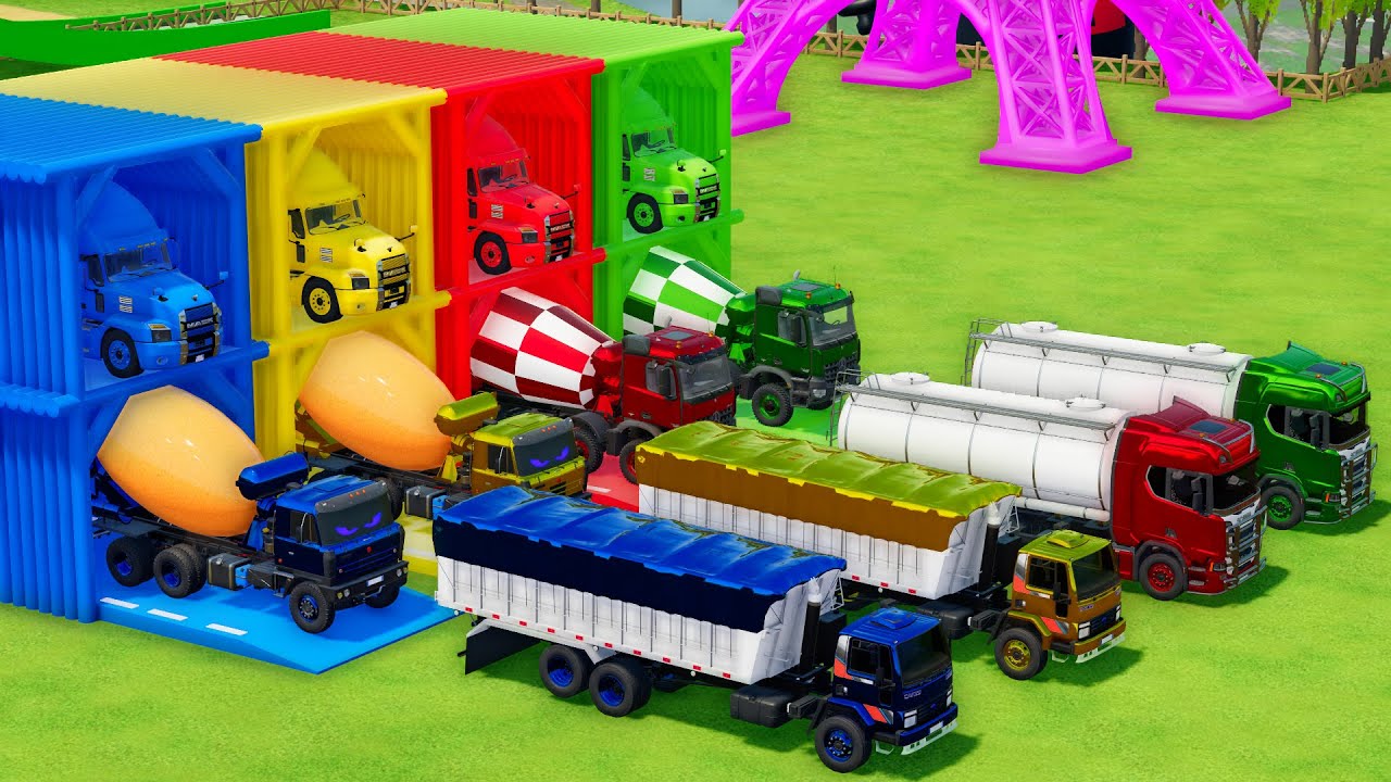 Garage with Colors - ALL MIXER TRUCK WITH DOUBLE FLATBED TRAILER TRUCK, TATRA, MERCEDES, FORD, SCANI