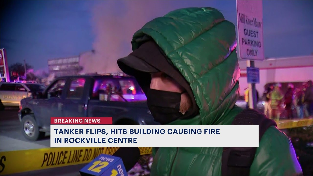 Tanker flips, hits building and explodes into flames in Rockville Centre; 3 firefighters hurt