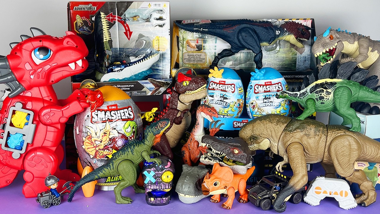 Jurassic World Unboxing Review Asmr Colorful Dinosaur T-rex Mosasaurus Carnotaurus Smashers Mini Egg