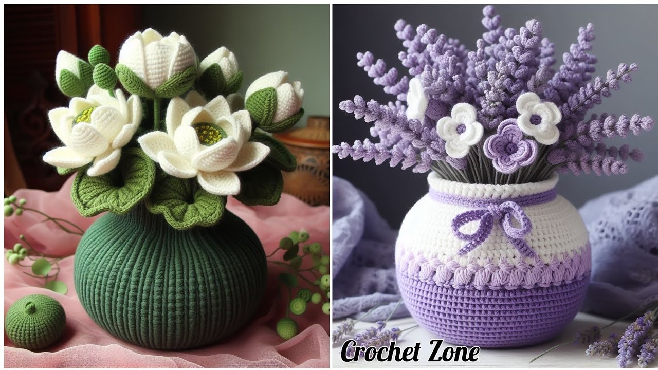 Beautiful Crochet flower vase design model knitted with wool. Share ideas created by AI. #crochet