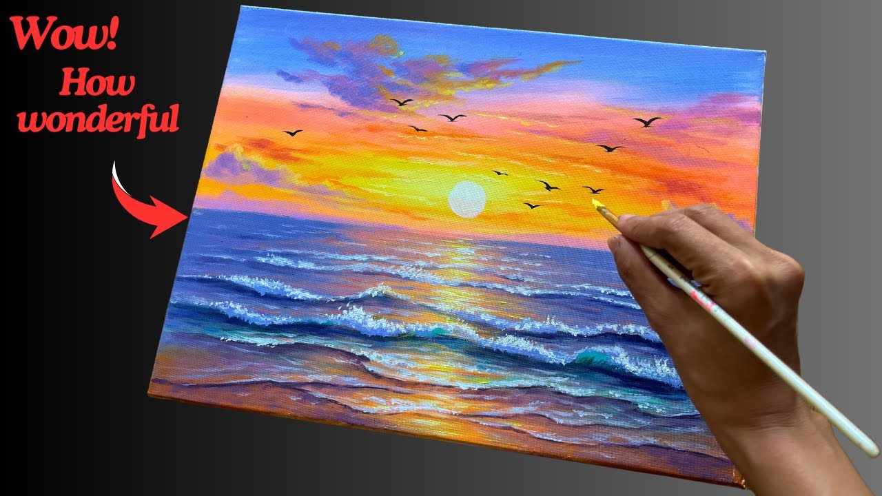 Acrylic painting - How to draw beautiful sunset landscape On The Sea | Asmr Painting