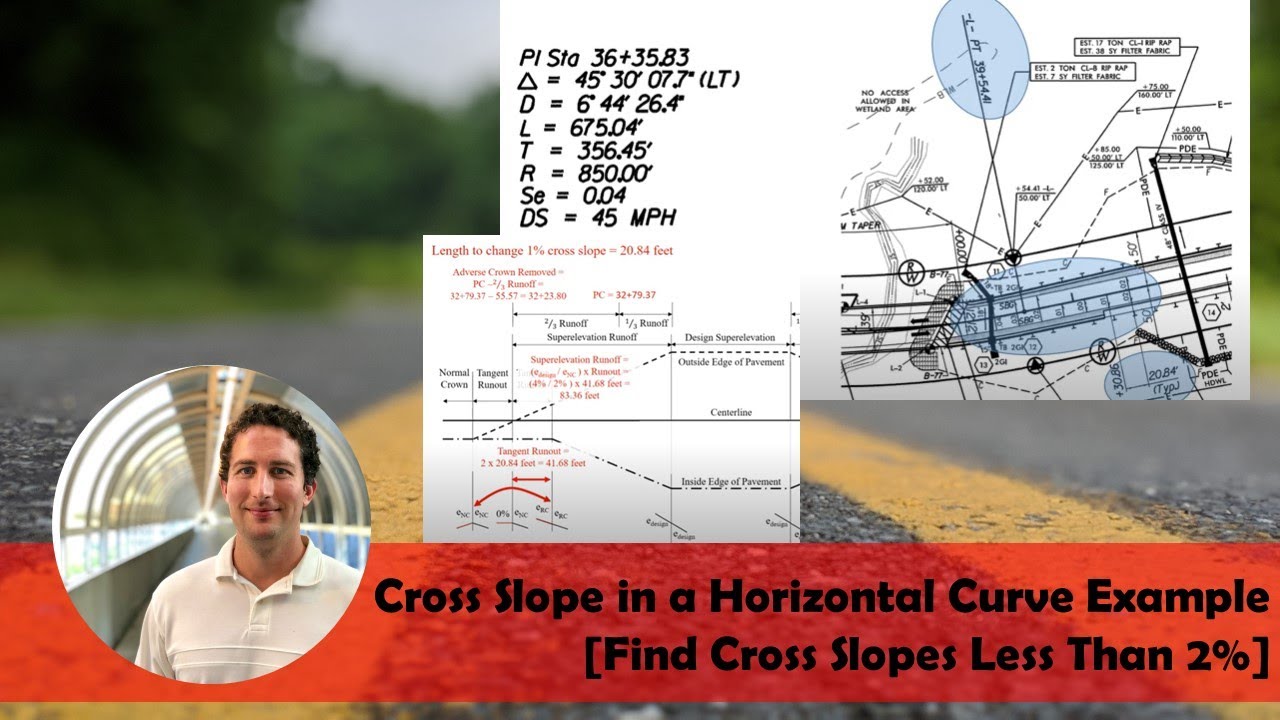 Cross Slope in a Horizontal Curve Example Problem [Find Cross Slopes Less Than 2%]