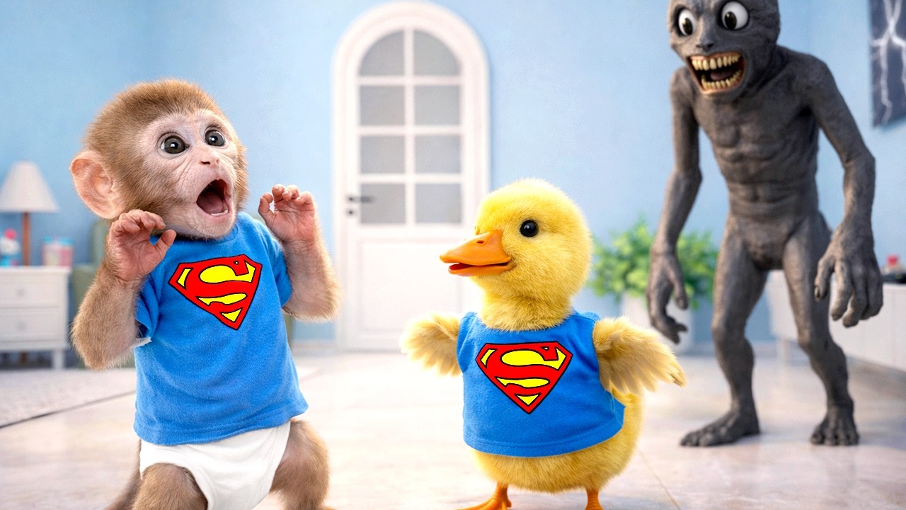 El bebé mono Bonbon se asusta por un monstruo de la televisión y escapa con un pato adorable