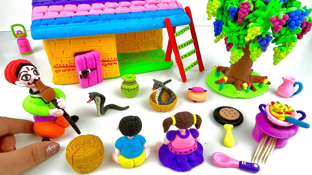 DIY How to make polymer clay miniature house, kitchen set, tree, doll, snake, cow | Village House