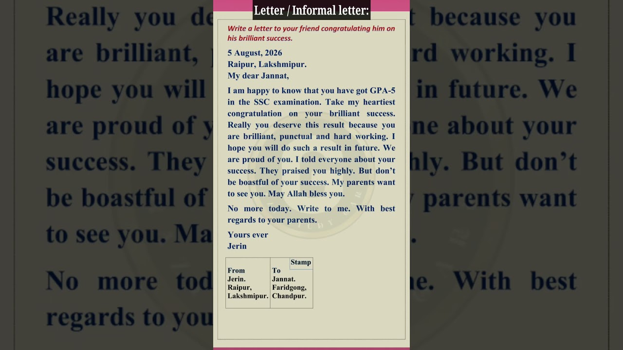 Write a Letter to Your Friend Congratulating on Her Success | English Letter Writing 