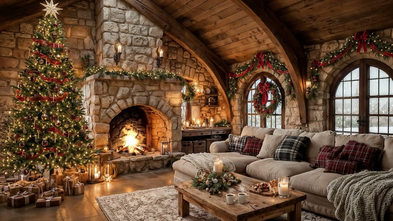 🕯️Cozy Christmas Fireplace, Soft Guitar Music as the Snow Falls Outside 🎶