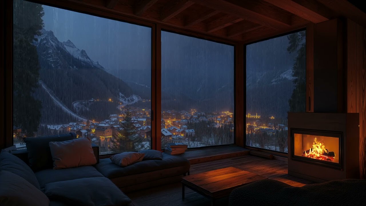 ❄️ The Warmth From The Fireplace Amidst The Rainy Scenery For A Good Night'S Sleep