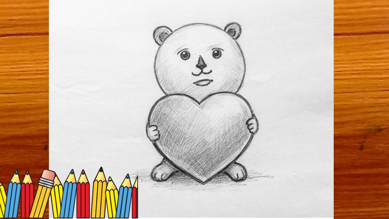Cute Bear Holding Heart Pencil Drawing || Easy Sketch Drawing for Beginners
