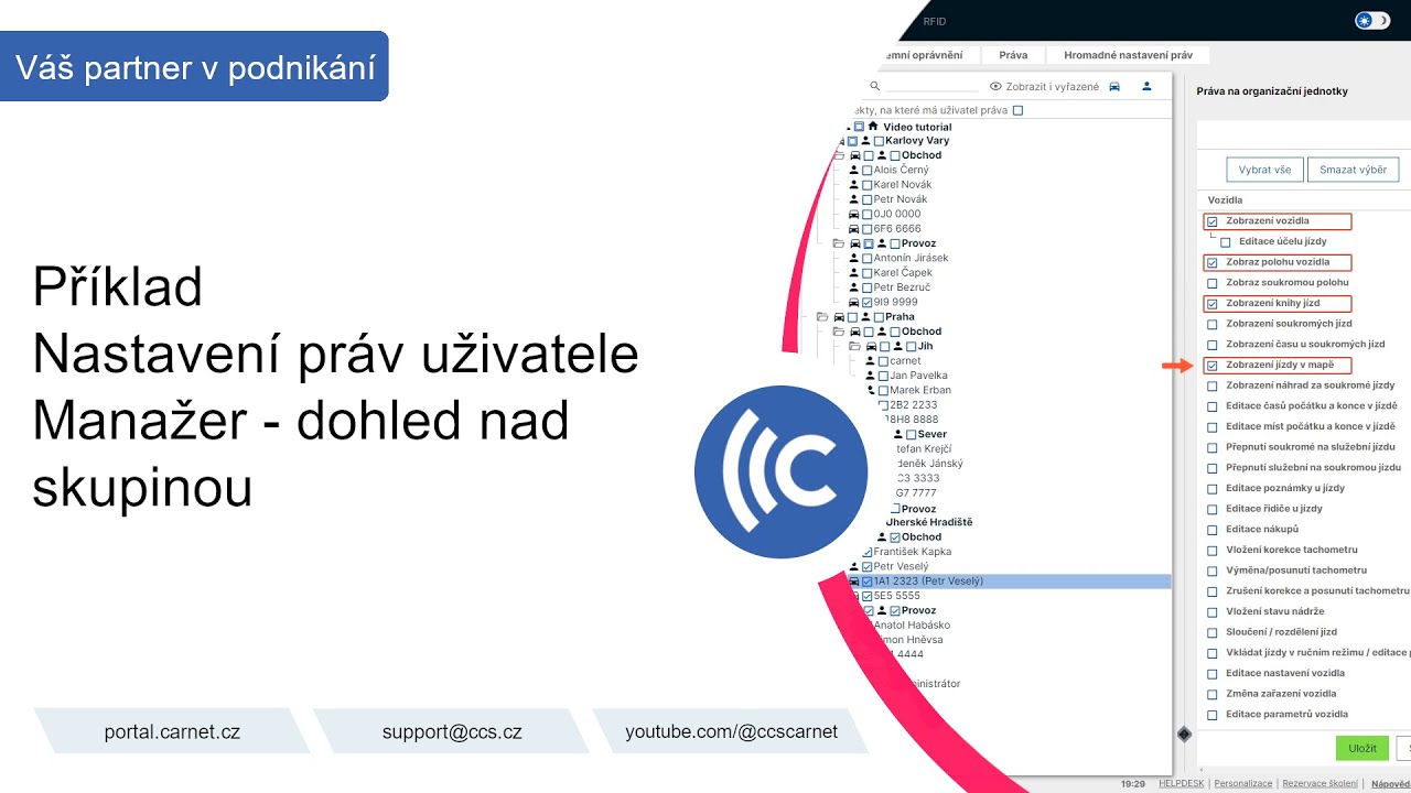 Příklad - nastavení práv uživatele - Manažer - CCS Carnet Profesionální monitoring vozidel CCS