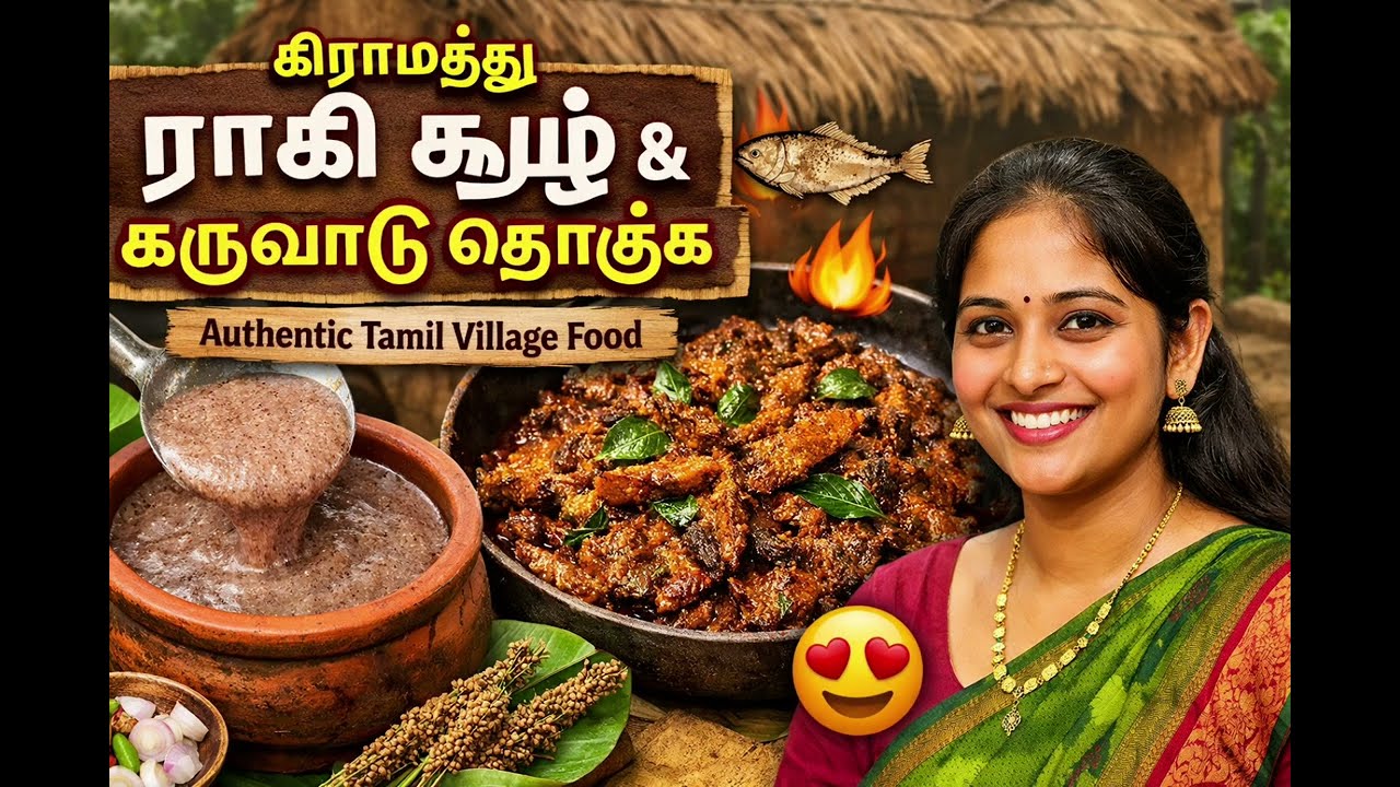 ஆரோக்கியமான ராகி கூழ் + நாட்டு ஸ்டைல் கருவாடு தொக்கு | Village Style Cooking