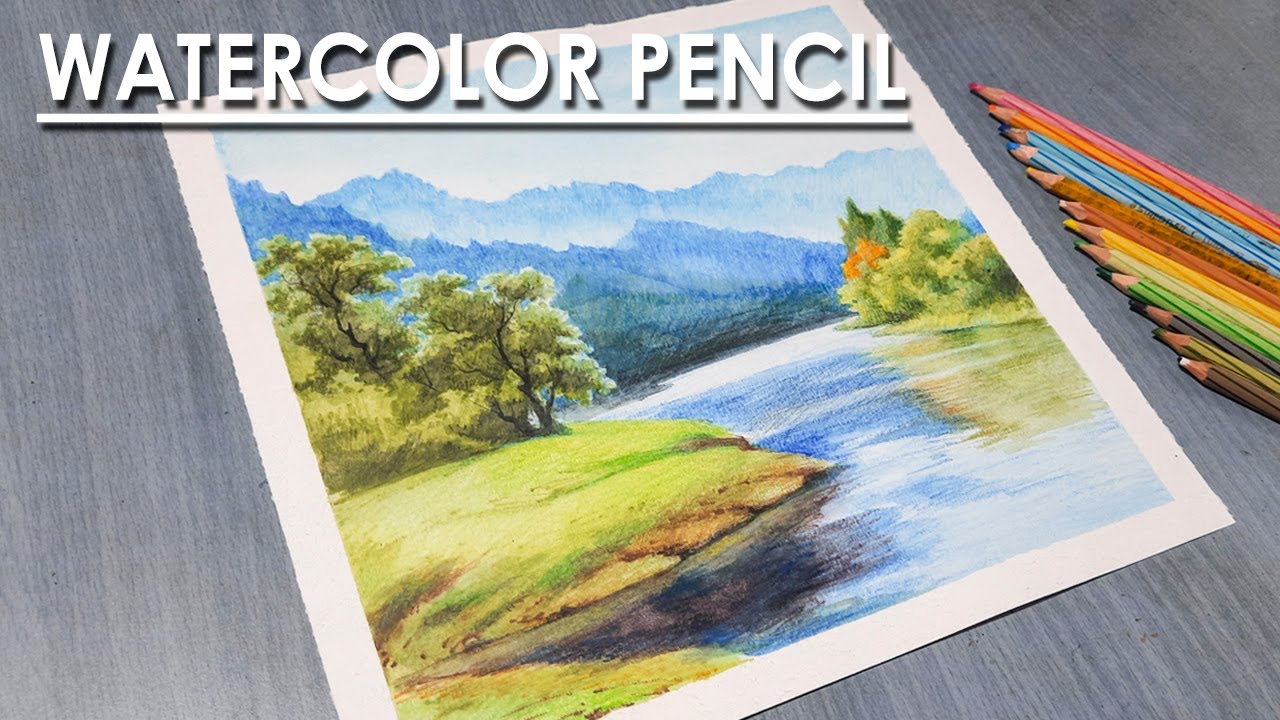 Watercolor Pencil Techniques : Beautiful Landscape - Mountains and River | steps to follow