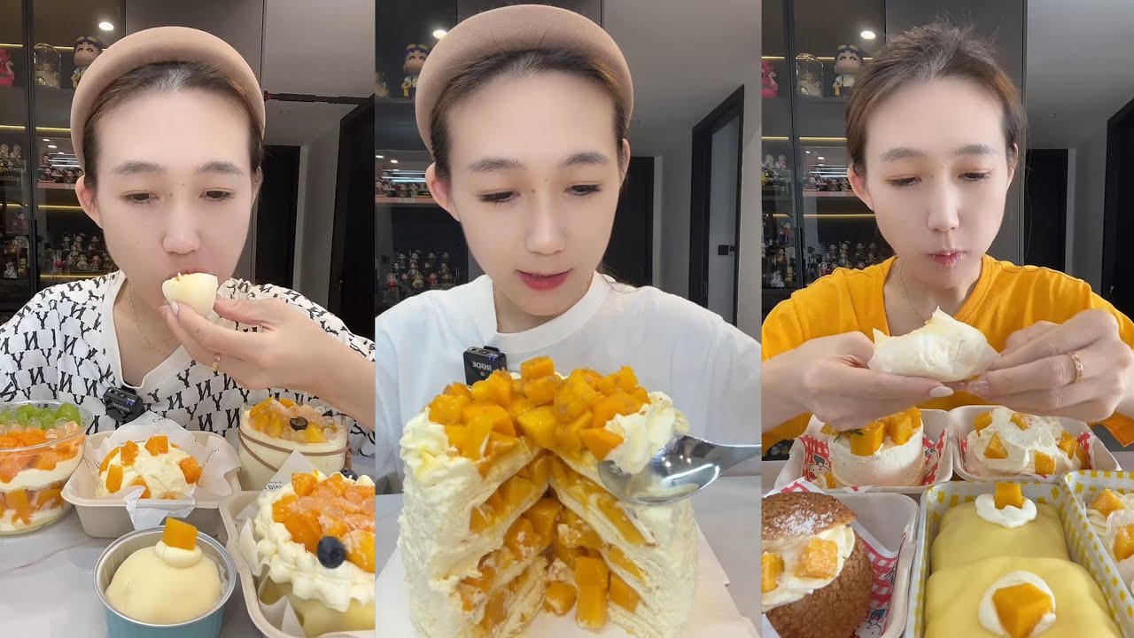ASMR Mukbang Mango Crepe Cake & Fresh Cream Dessert | Soft Layer Cake Eating Sounds