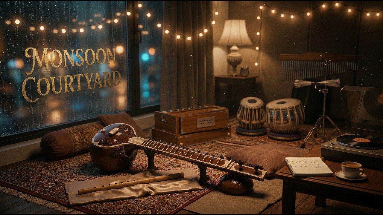 Indian LoFi Rain Music ☔ Sitar & Bansuri Study Ambience | Monsoon Courtyard (1 Hour)