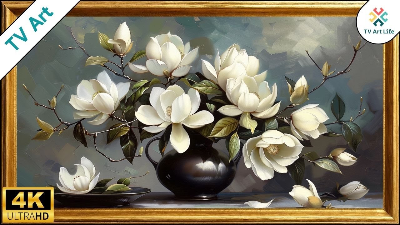 Elegant White Magnolia TV Art | Floral Still Life Frame TV Oil Painting Screensaver | 10 hours