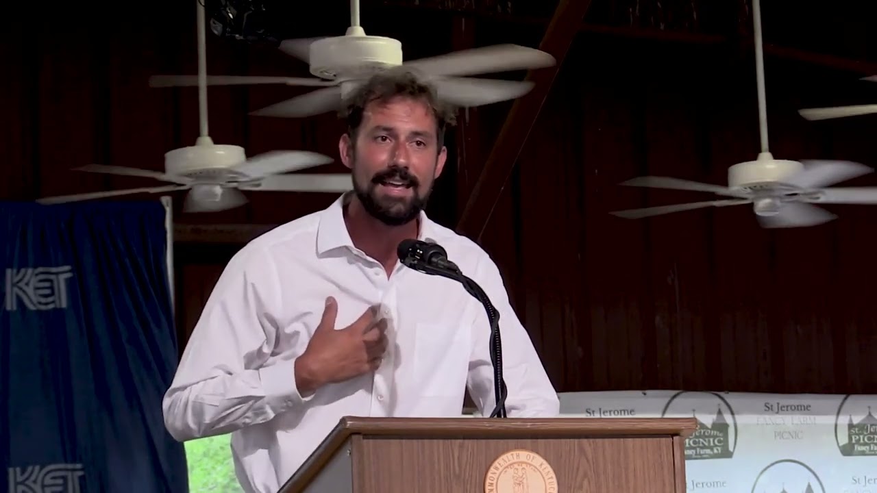 U.S. House candidate John 'Drew' Williams speaks at Fancy Farm Picnic 2025