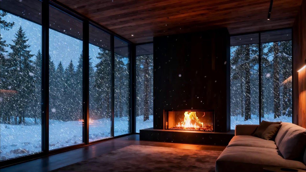 Cozy Fireplace Night  Silent Snow & Peaceful Winter Room