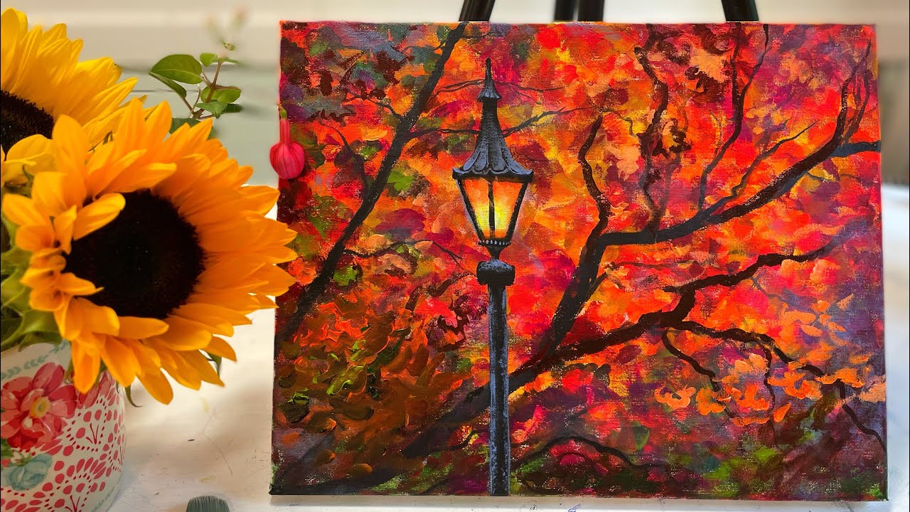 Как нарисовать фонарный столб осенью 🍂 урок акрилом