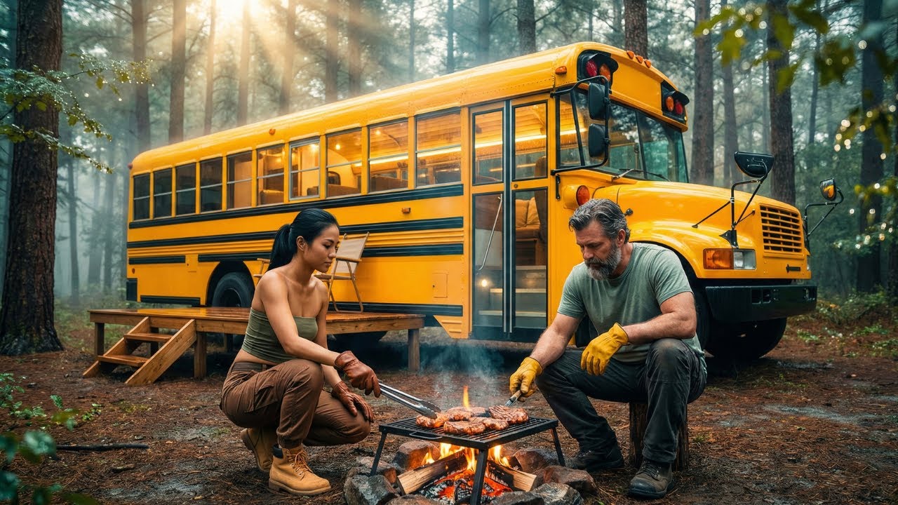 School Bus MobiHome Build in the Rain (ASMR Only) | Luxury Forest Tiny Home Conversion