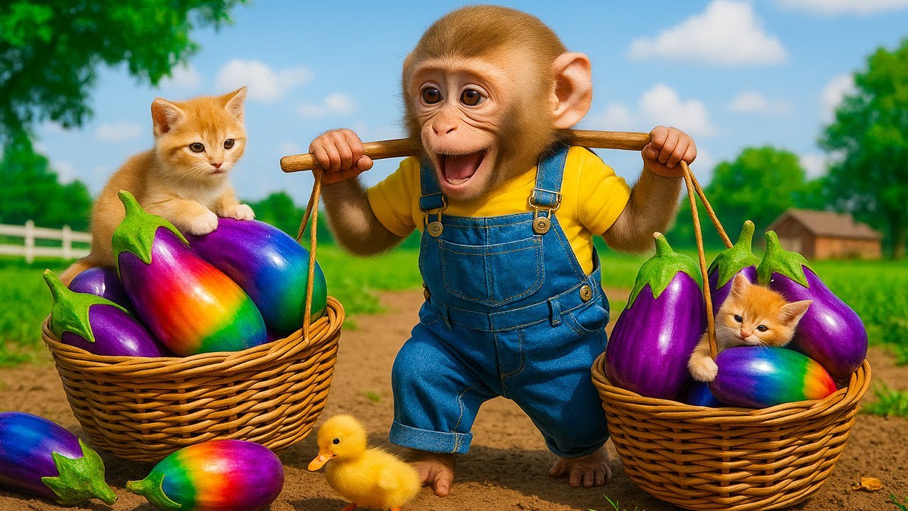 Macaco BIBI colhe alegremente uma berinjela gigante arco-íris com o gato e o patinho fofo