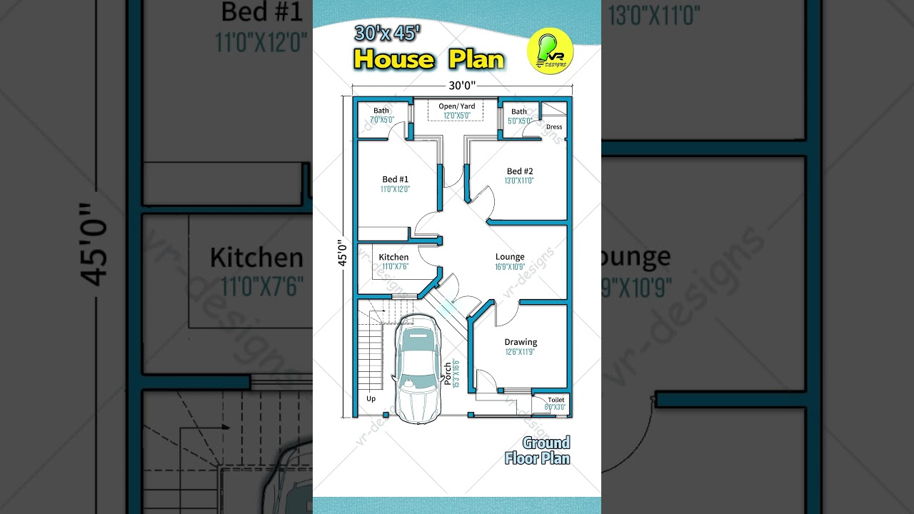 30&times;45 house plan with car parking, 2bhk house design, 30&rsquo; by 45&rsquo; house map, 30*45 home plan