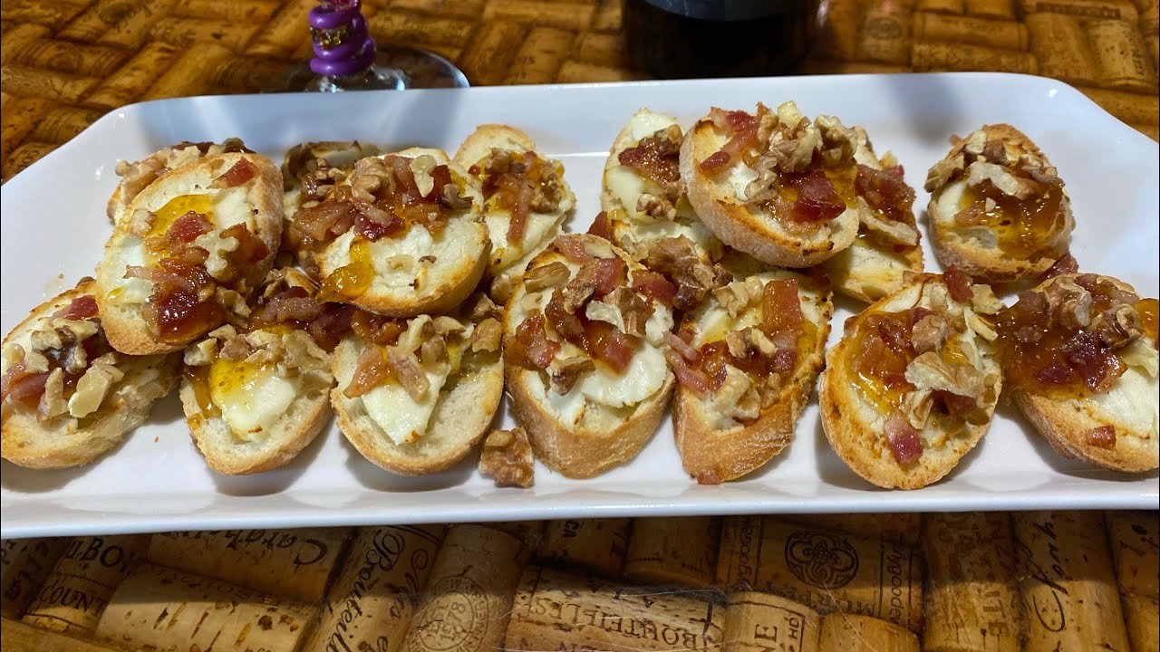 Goat Cheese, Fig Jam, Bacon, and Walnuts Crostini
