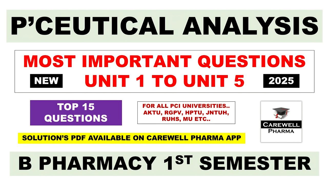 Pharmaceutical Analysis 1st Semester Important Questions || NEW - 2025 || Carewell Pharma