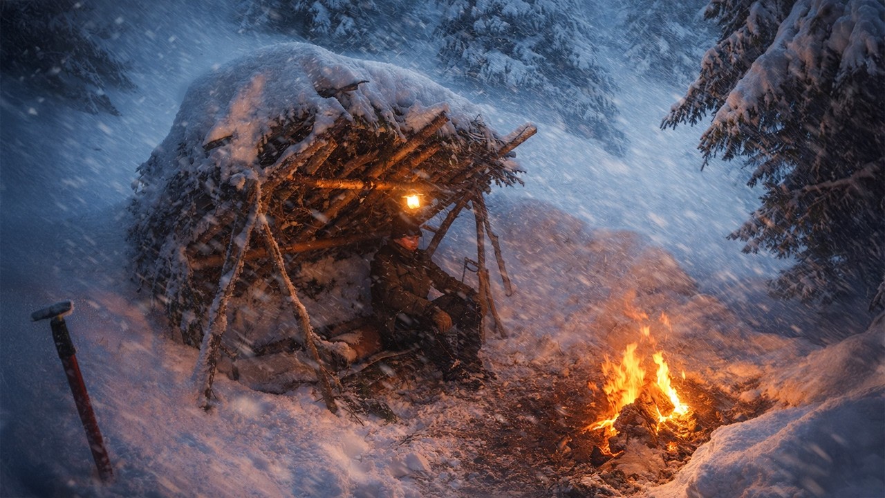 Solo Winter Survival – No Tent, No Sleeping Bag – Building Bushcraft Shelter