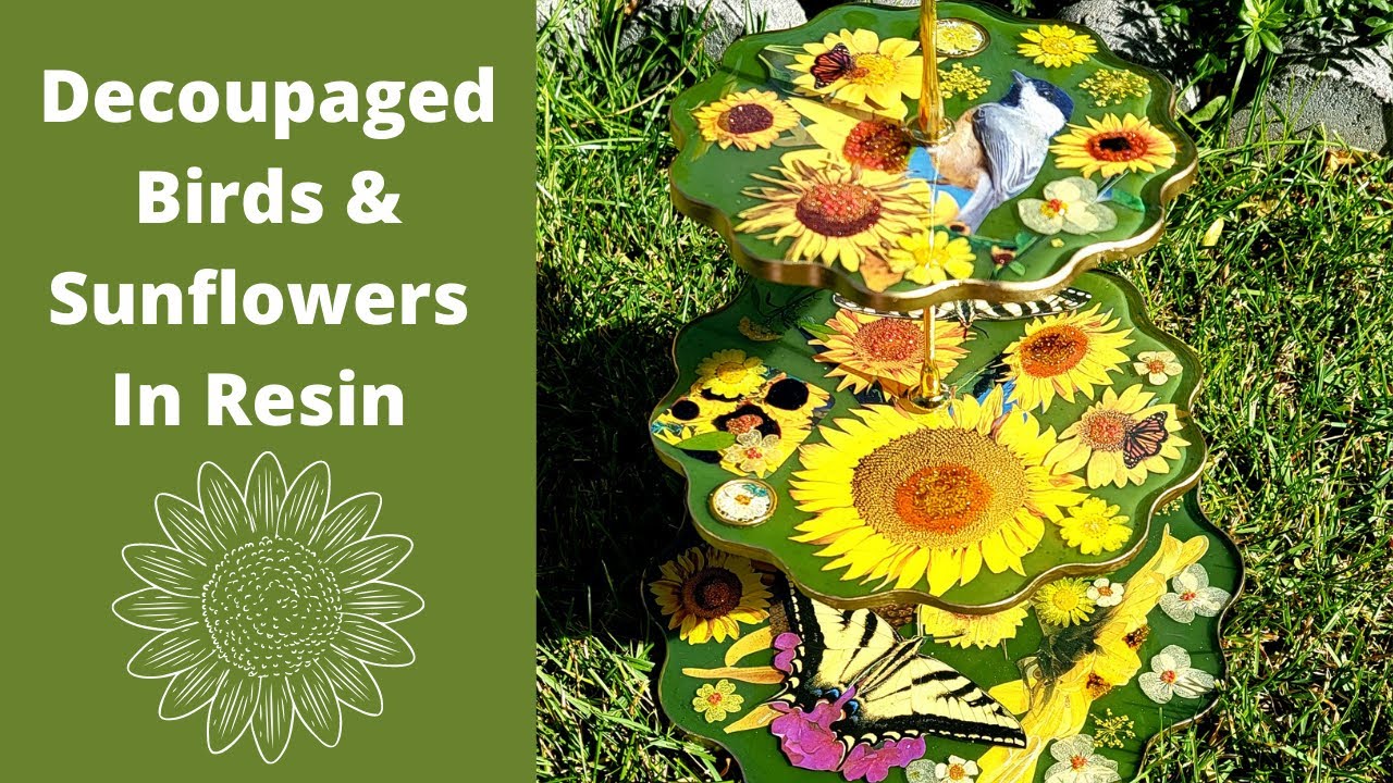 #7  Resin Sunflowers Decoupaged Sunflowers & Songbirds Set In a Resin Cupcake Stand Mold