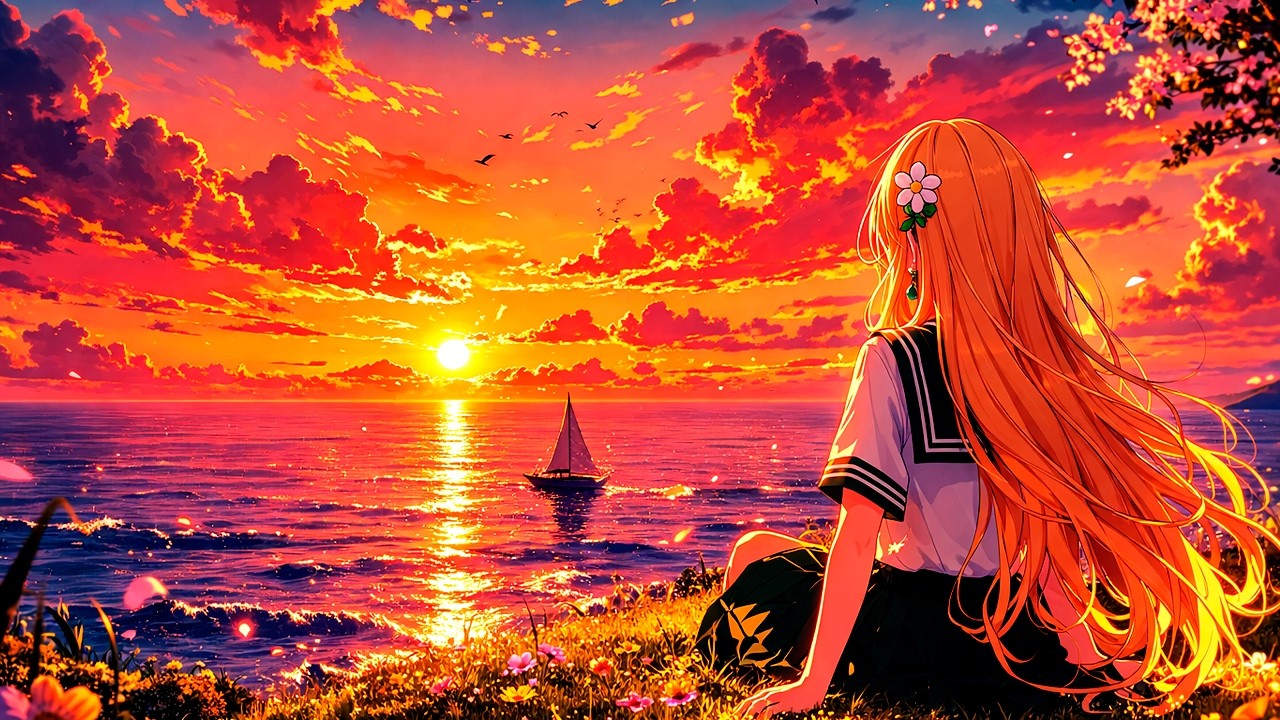Anime Ocean Sunset 🌅 Calm Waves & Relaxing Ambience