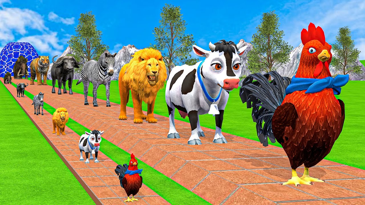 Long Slide Game With Cow Elephant Gorilla Hippopotamus Tiger - 3d Animal Game - Funny 3d Animals