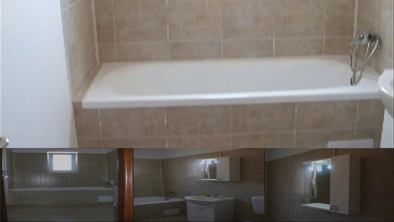 Amenajari interioare baie mica cu gresie si faianta crem, amenajata minimalist