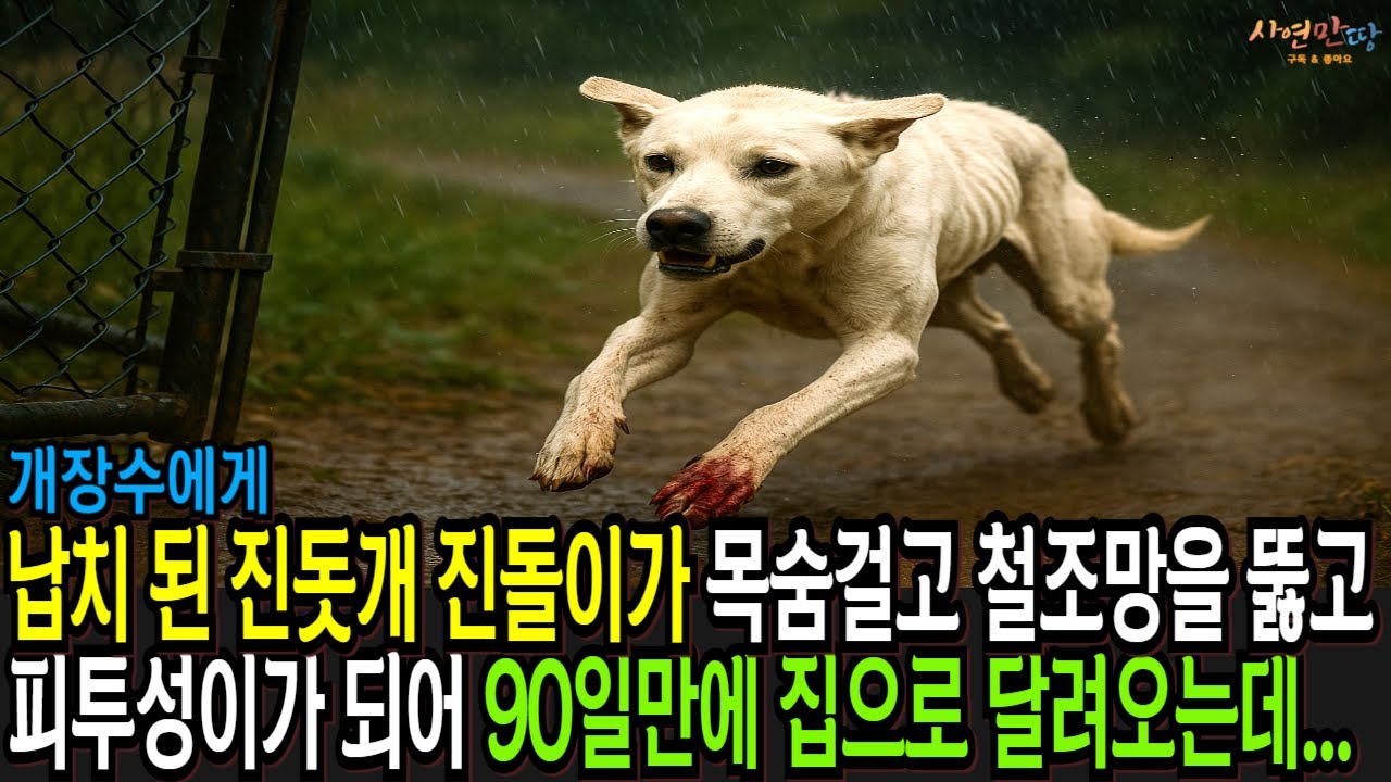 개장수에게 납치된 진돗개 진돌이가 목숨걸고 철조망을 뚫고 피투성이가 되어 90일만에 집으로 달려오는데...