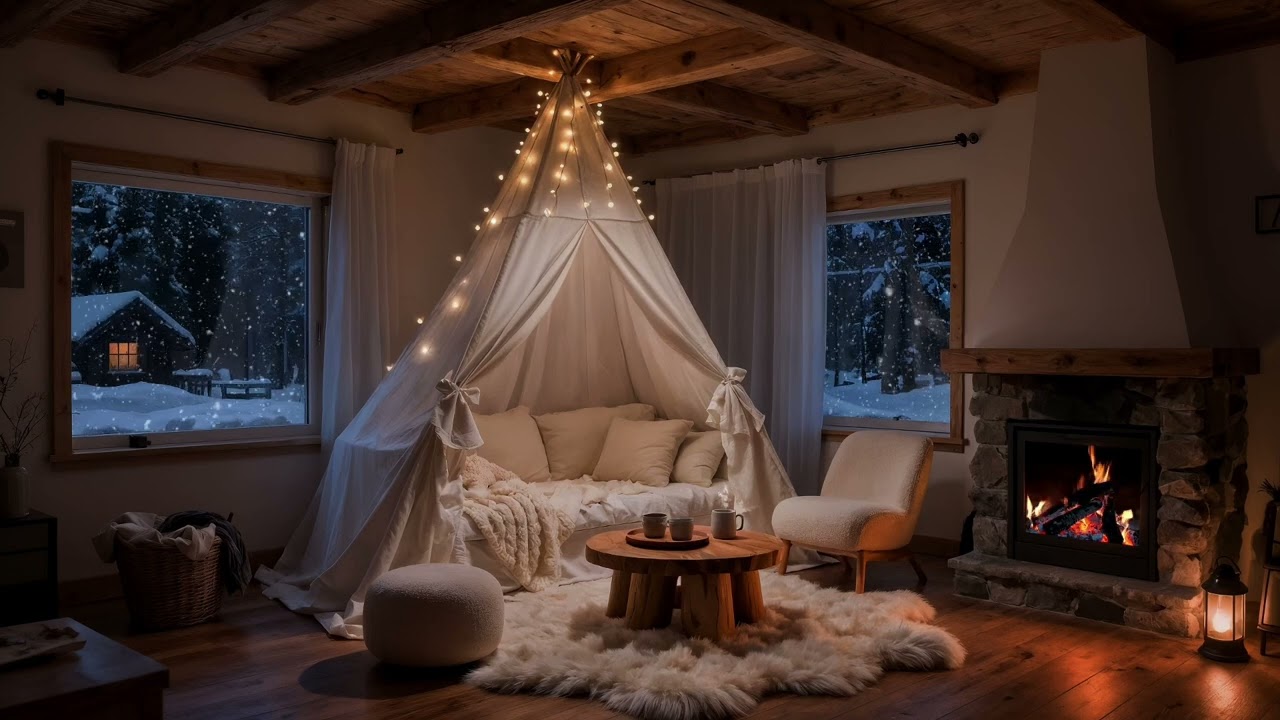 Tiny Cozy Cabin Cocoon ❄️ Soft Piano & Fireplace Ambience for Work & Focus and Deep Relaxation