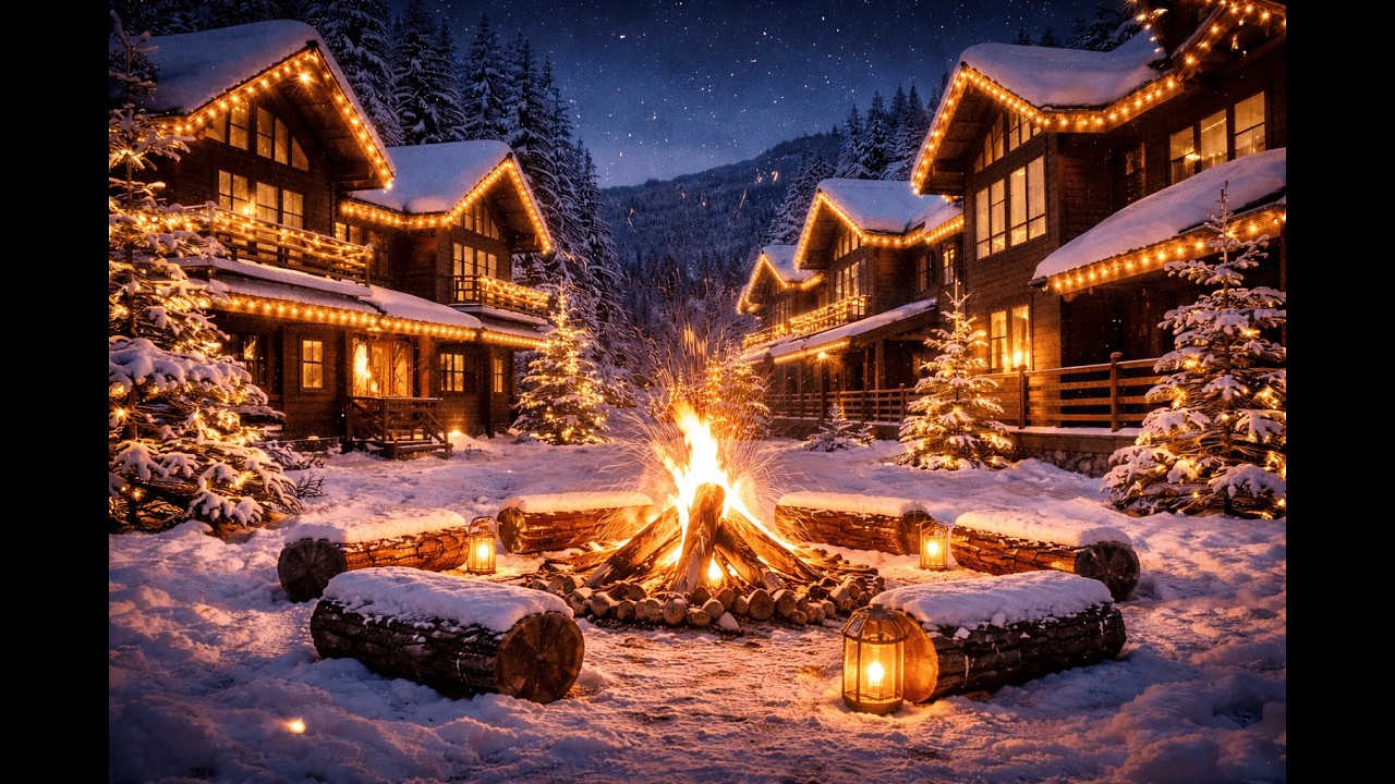 Chimenea en Pueblo Nevado de Noche 🔥 | Cozy Fireplace Winter Ambience 4 Hours