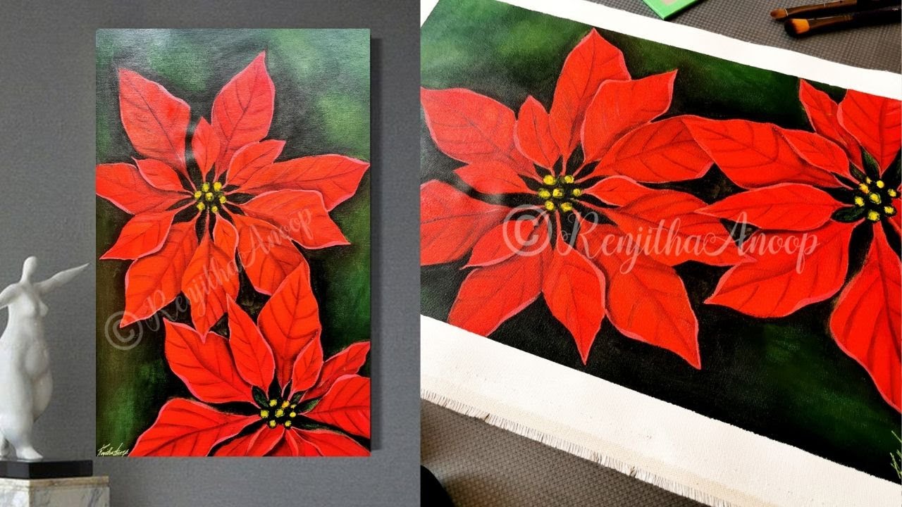 step by step RED Poinsettia painting for beginners on Large Canvas  painting