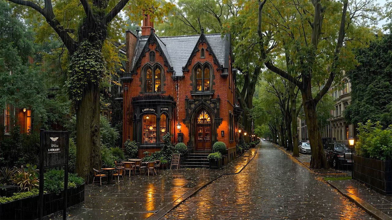 Gentle Rain Jazz at a Vintage Library Caf&eacute; Street 🌧️ Warm Jazz & Rain Sounds for Reading, Deep Focus