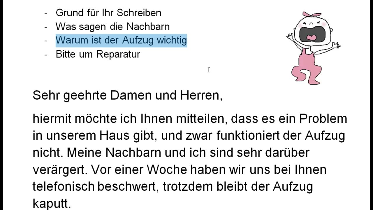 Brief B1 DTZ Aufzug kaputt. Brief schreiben an den Hausmeister / Hausverwaltung. Beschwerde