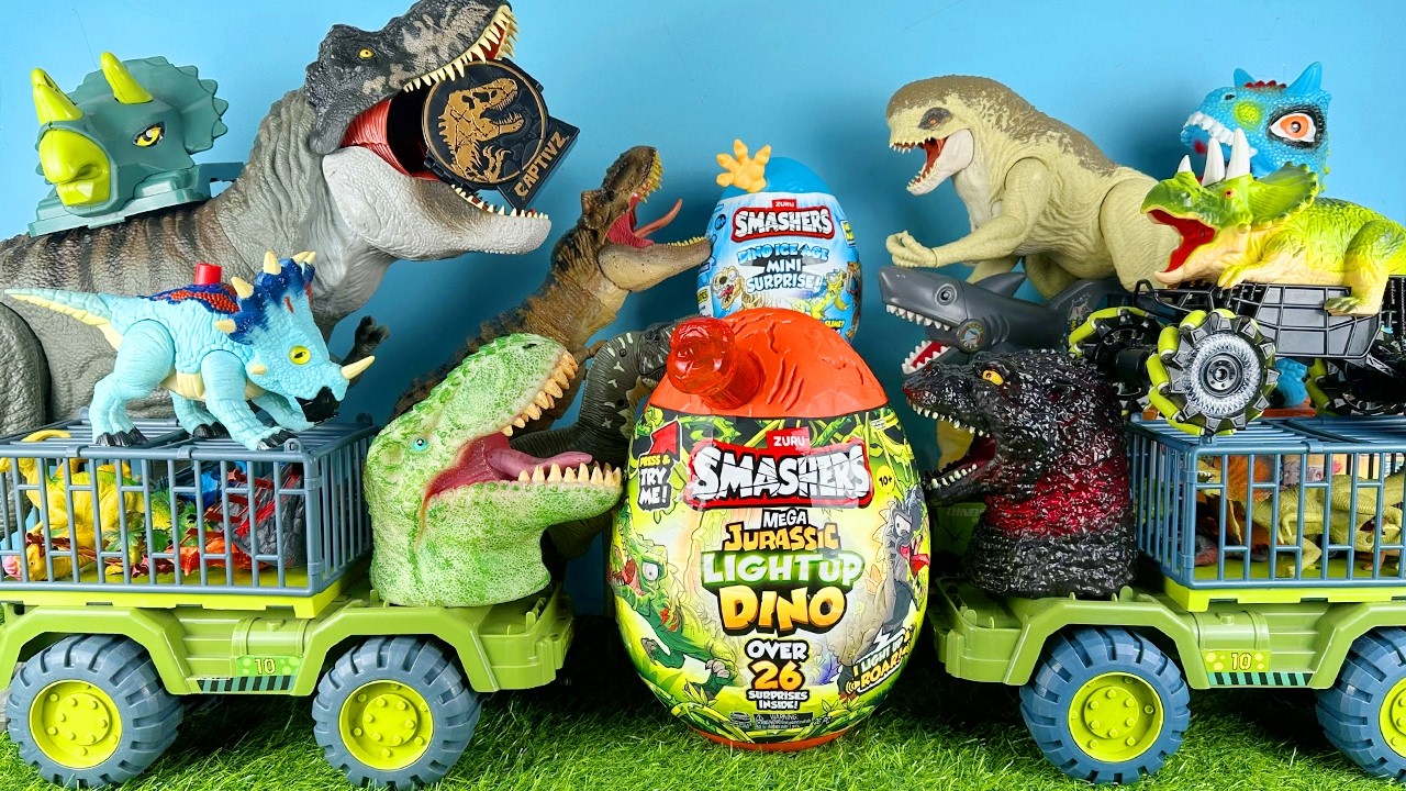 ASMR Jurassic World Unboxing Colorful Dinosaur T-rex D-rex Triceratops Dino Trucks Smashers Mega Egg