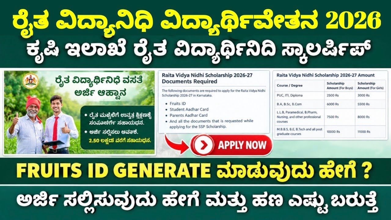 Raitha Vidya Nidhi Scholarship 2026 | ಅರ್ಜಿ ಸಲ್ಲಿಸುವುದು ಹೇಗೆ? | raitha vidya nidhi Apply Online 2026