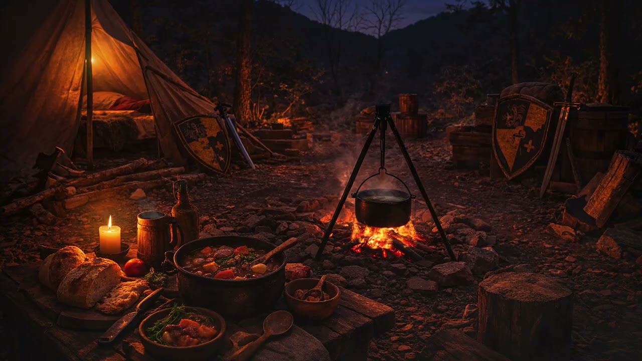 먼 여정을 앞둔 밤, 숲속 야영지에서 맛있는 스튜와 식사 🍲 Medieval Campfire Sleep ASMR | 4K 4 Hours